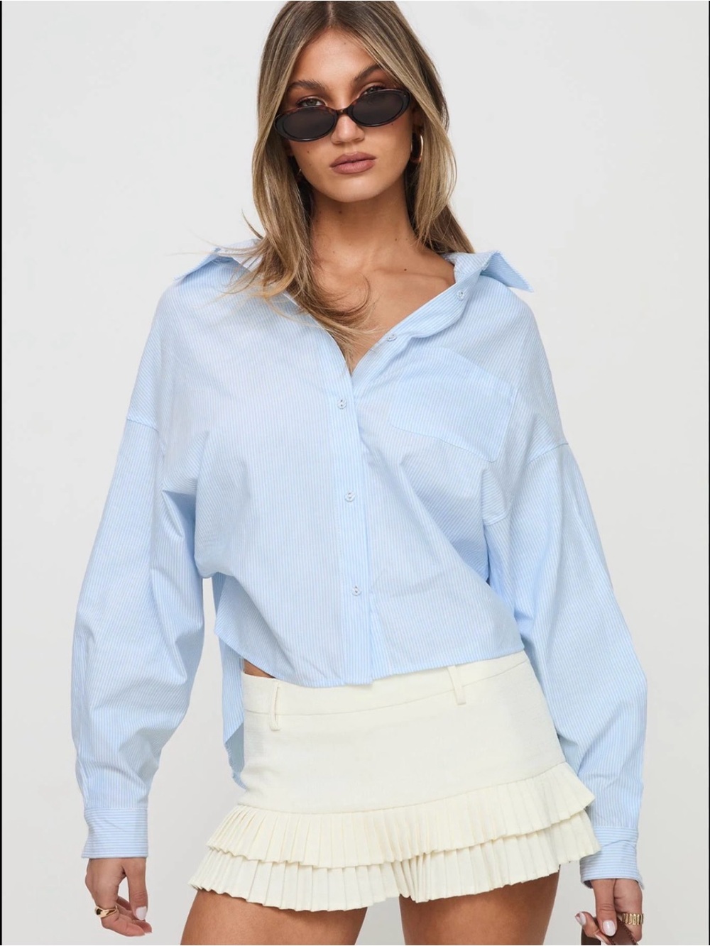Princess Polly Pale Blue Striped Relaxed Coastal Button-Down Shirt Size 6